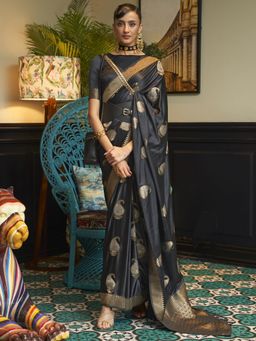Akhilam - Womens Silk Blend Black Woven Designer Saree with Unstitched Blouse