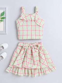 The Magic Wand - Strappy Checked Top and Skirt With Bow Applique-Peach (Set of 2)