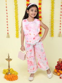 The Magic Wand - Floral Print Mirror Work Lace Top Pants- Pink (Set of 2)