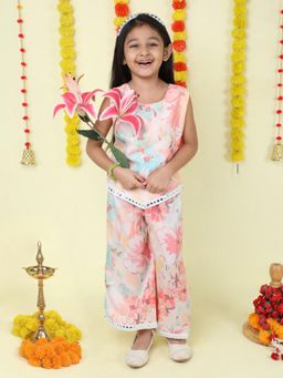 The Magic Wand - Floral Print Mirror Work Lace Top Pants- Peach (Set of 2)