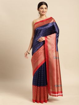Sangam Prints - Navy Blue Art Silk Printed Traditional Saree with Unstitched Blouse