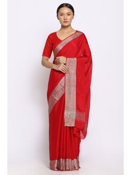 Via East - Scarlet Crepe Saree with Crinkle Zari Border with Unstitched Blouse