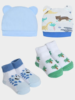 Mi Arcus - Blue Printed Knitted Socks And Caps For Kids (Pack of 2) (0-12 Months)