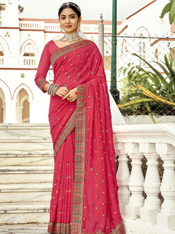 Odette - Pink Vichitra Embroidered Saree with Unstitched Blouse