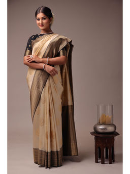 Zari Jaipur - Cream Silk Handloom Saree with Unstitched Blouse