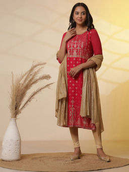 Aurelia - Pink Floral Foil Printed Kurta with Leggings And Dupatta (Set of 3)