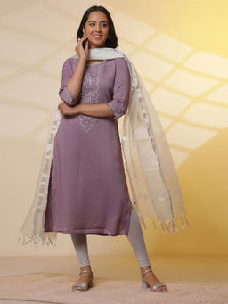 Aurelia - Purple Embroidered Kurta with Leggings And Banarasi Dupatta (Set of 3)