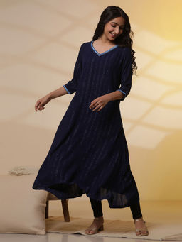 Aurelia - Navy Blue Embroidered Asymmetrical Kurta with Denim Lycra Jeggings (Set of 2)