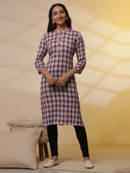 Aurelia - White And Magenta Checker Kurta with Denim Jeggings (Set of 2)