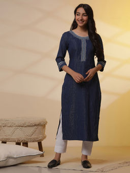 Aurelia - Navy Blue Lurex Straight Kurta with Pant (Set of 2)
