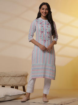 Aurelia - Multi-Coloured Striped Cotton Lurex Embroidered Kurta with Pant (Set of 2)