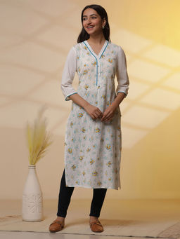 Aurelia - White Seer Sucker Floral Printed Kurta with Denim Jeggings (Set of 2)