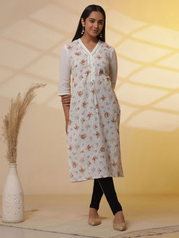 Aurelia - White Seer Sucker Floral Printed Kurta with Denim Jeggings (Set of 2)