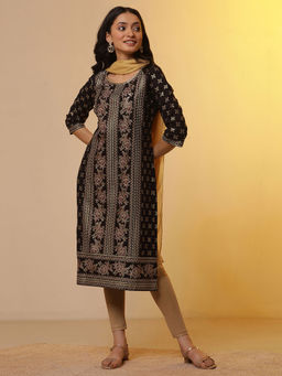 Aurelia - Black Ethnic Printed Kurta with Leggings And Dupatta (Set of 3)