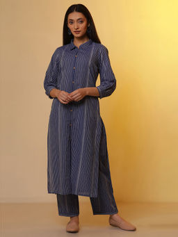 Aurelia - Blue Striped Cotton Shirt Collar Co-Ord (Set of 2)