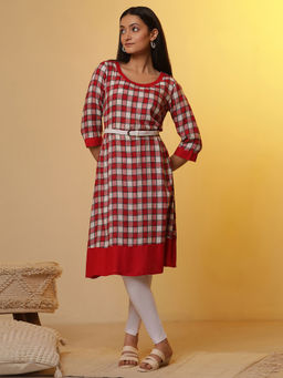 Aurelia - Red And White Checker Kurta with Leggings and Belt (Set of 3)