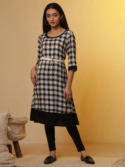 Aurelia - Black And White Checker Kurta with Leggings and Belt (Set of 3)