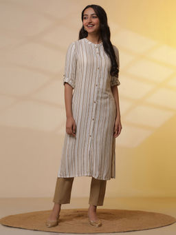 Aurelia - Off White Stripe Printed Straight Kurta with Pant (Set of 2)