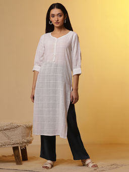 Aurelia - White Cotton Dobby Kurta with Denim Narrow Pant (Set of 2)