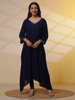 Aurelia - Navy Blue Embroidered Asymmetrical Kurta with Denim Lycra Jeggings (Set of 2)