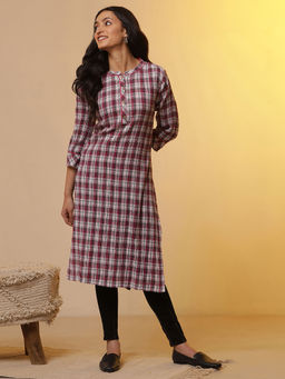 Aurelia - White And Magenta Checker Kurta with Denim Jeggings (Set of 2)