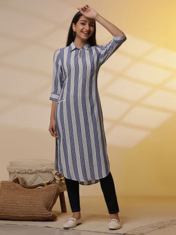 Aurelia - Blue And White Striped Shirt Collar Kurta with Denim Jeggings (Set of 2)
