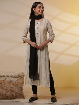 Aurelia - Beige Yarn-Dyed Striped Crinkled Kurta with Leggings And Dupatta (Set of 3)