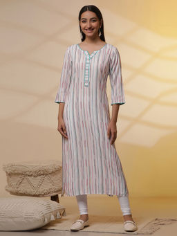 Aurelia - White Yarn-Dyed Striped Kurta with Leggings (Set of 2)