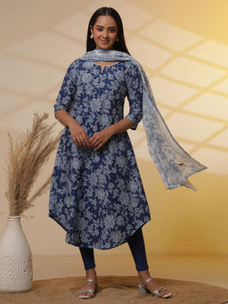 Aurelia - Blue Floral Printed A-Line Anarkali Kurta with Leggings And Dupatta (Set of 3)
