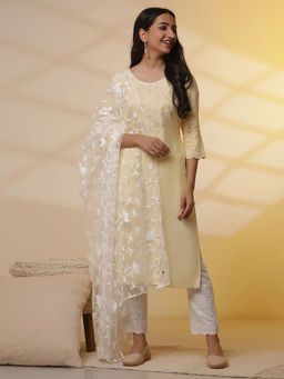 Aurelia - Yellow Schiffli Embroidered Kurta with Pant And Mesh Dupatta (Set of 3)