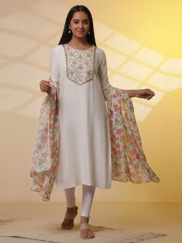 Aurelia - White Metallic Embroidered Kurta with Leggings And Floral Dupatta (Set of 3)
