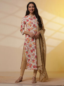 Aurelia - White Floral Printed Kurta with Leggings And Dupatta (Set of 3)