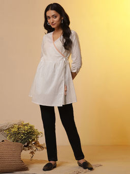 Aurelia - White Angarakha Gathered Short Angarakha Kurti And Denim Jeggings (Set of 2)