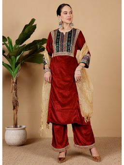 Kaanchie Nanggia - Women Maroon Velvet Embroidered Kurta with Palazzo and Dupatta