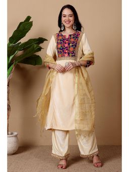 Kaanchie Nanggia - Women Beige Velvet Embroidered Kurta with Palazzo and Dupatta