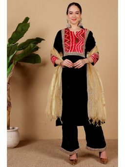 Kaanchie Nanggia - Women Black Velvet Printed Kurta with Palazzo and Dupatta