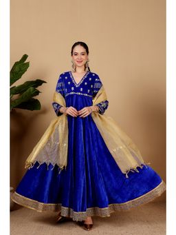 Kaanchie Nanggia - Women Blue Velvet Embroidered Anarkali Kurta with Palazzo and Dupatta