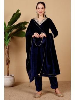 Kaanchie Nanggia - Women Navy Blue Velvet Embroidered Kurta with Pant and Dupatta