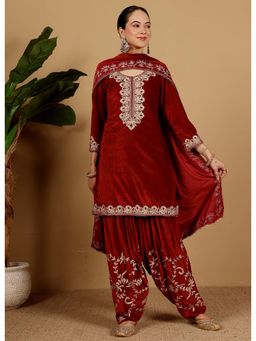 Kaanchie Nanggia - Women Maroon Velvet Embroidered Kurta with Salwar and Dupatta