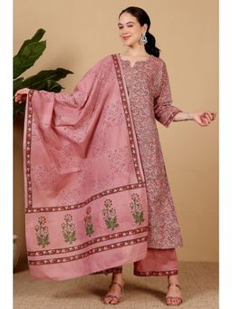 Kaanchie Nanggia - Women Peach Cotton Floral Kurta with Palazzo and Dupatta