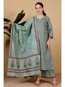 Kaanchie Nanggia - Women Green Cotton Floral Kurta with Palazzo and Dupatta