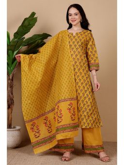 Kaanchie Nanggia - Women Mustard Cotton Floral Kurta with Palazzo and Dupatta
