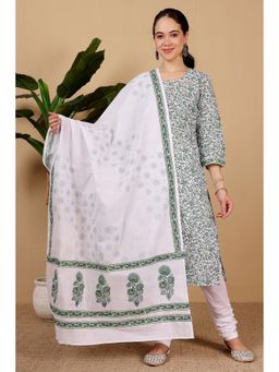 Kaanchie Nanggia - Women White Cotton Floral Kurta with Churidar and Dupatta