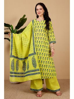 Kaanchie Nanggia - Women Green Cotton Floral Kurta with Palazzo and Dupatta