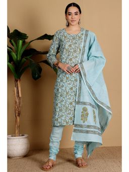 Kaanchie Nanggia - Women Blue Cotton Floral Kurta with Churidar and Dupatta
