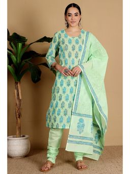 Kaanchie Nanggia - Women Green Cotton Floral Kurta with Churidar and Dupatta
