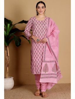 Kaanchie Nanggia - Women Pink Cotton Floral Kurta with Churidar and Dupatta