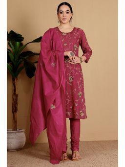 Kaanchie Nanggia - Women Magenta Cotton Embroidered Kurta with Churidar and Dupatta