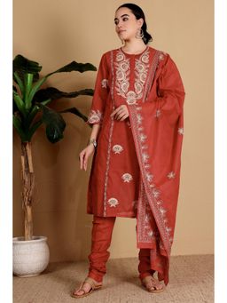 Kaanchie Nanggia - Women Mauve Cotton Embroidered Kurta with Churidar and Dupatta
