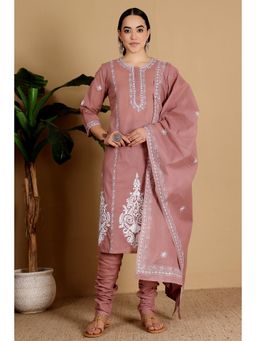 Kaanchie Nanggia - Women Peach Cotton Embroidered Kurta with Churidar and Dupatta